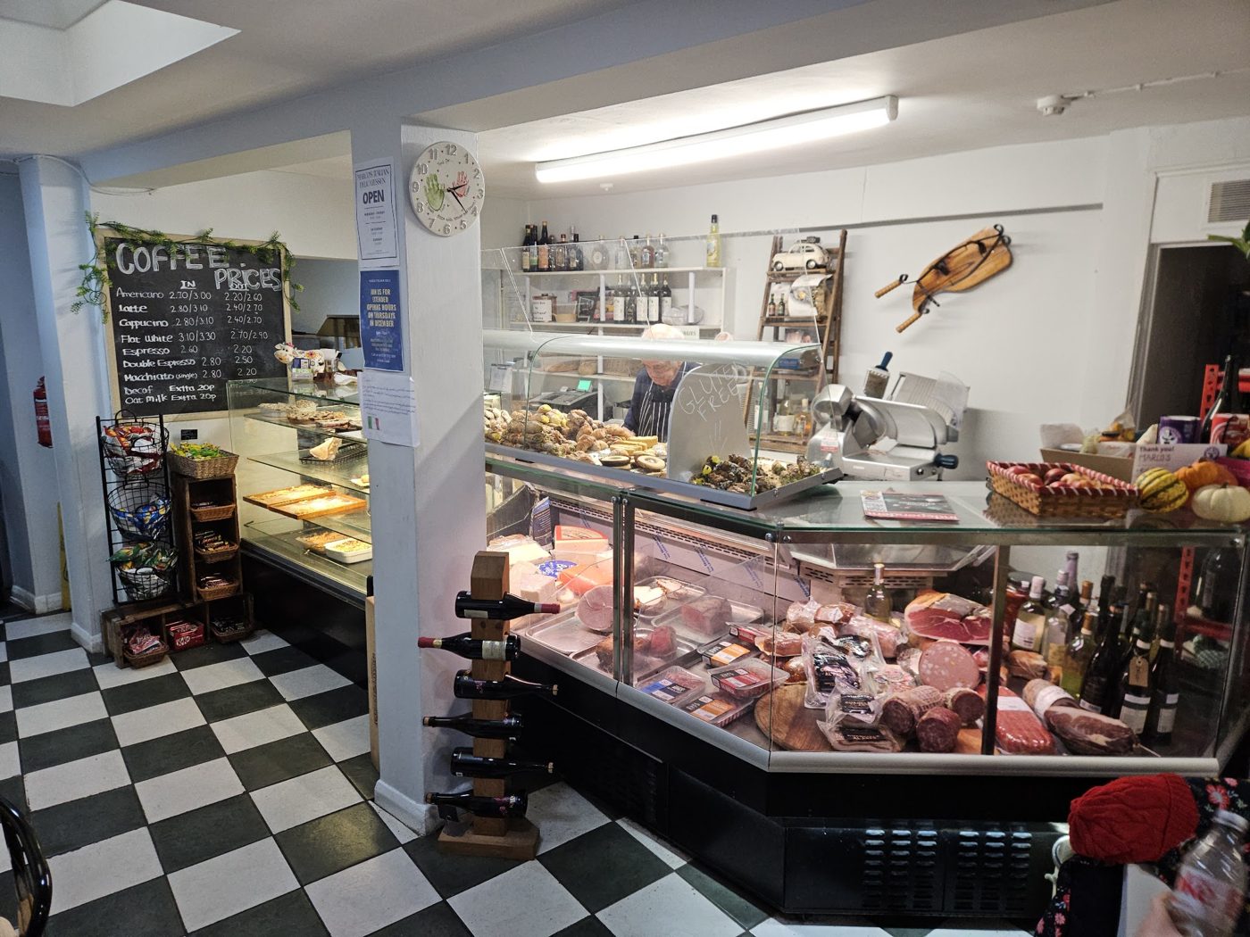 The deli counter, with a black and white chequered floor