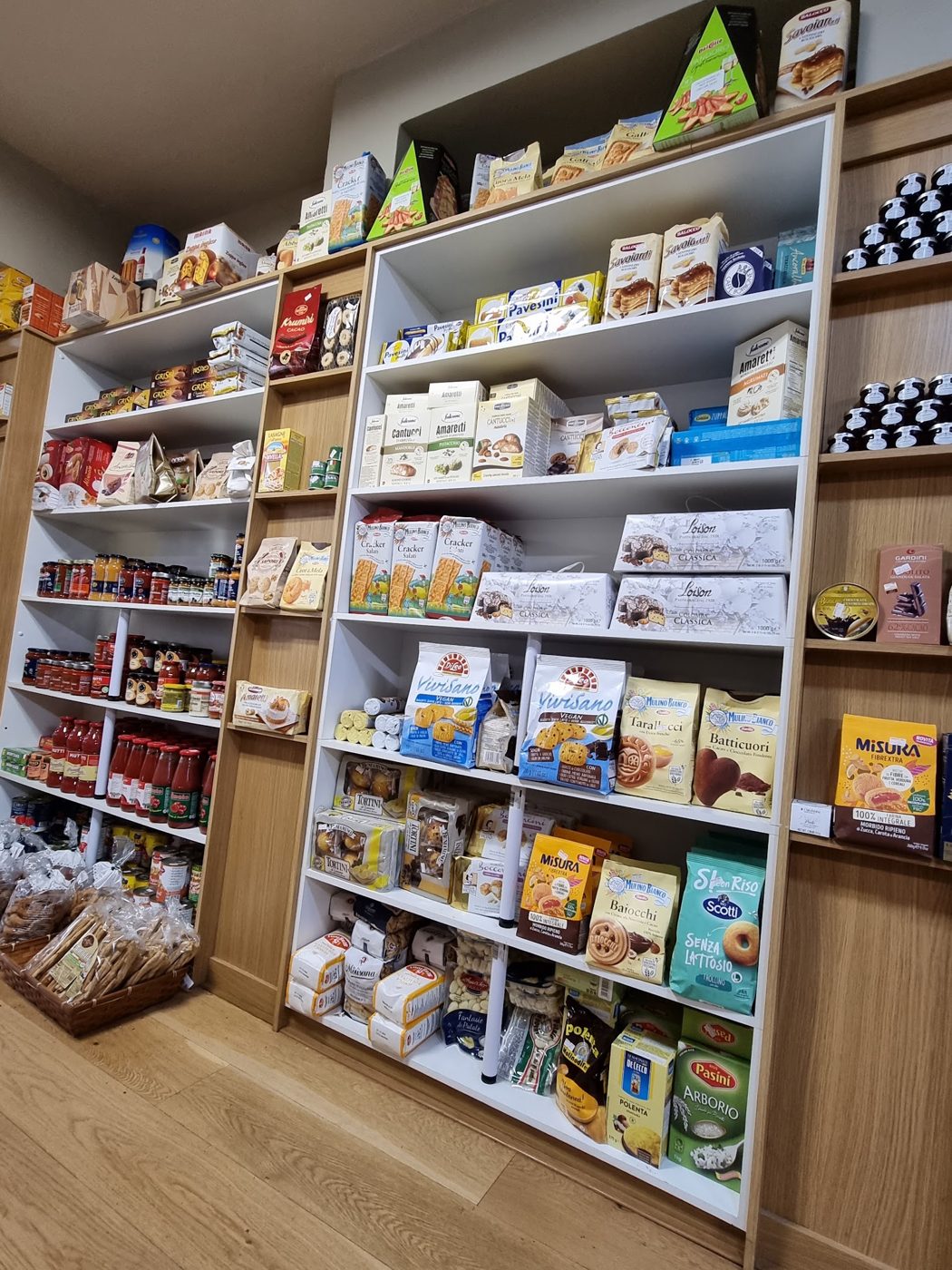 Shelves stacked with Italian groceries